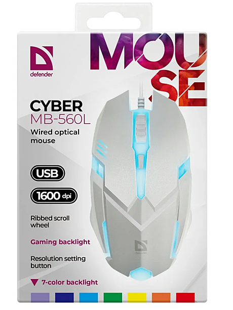 Мышь компьютерная игровая с RGB подсветкой Defender Cyber, 1600 dpi, белая